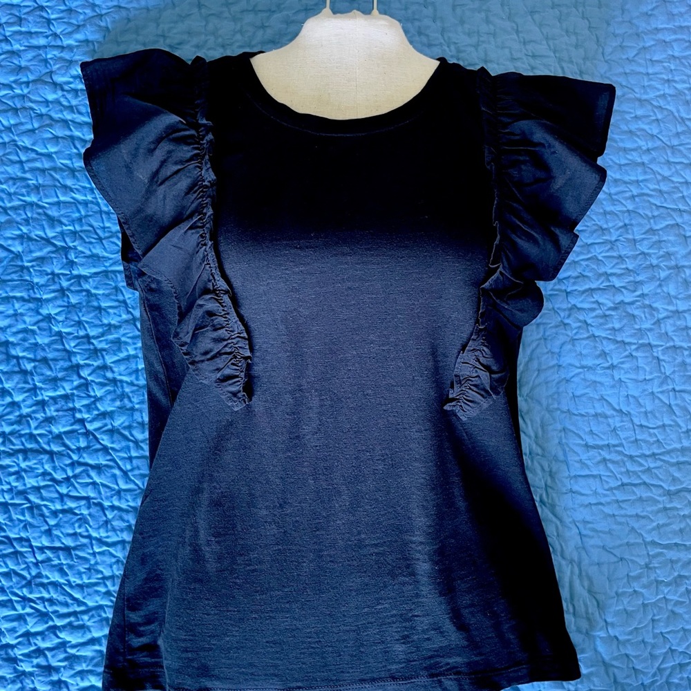 J.crew black shirt sheer flutter sleeves cotton NWT XXS. RE-imagined by J. Crew